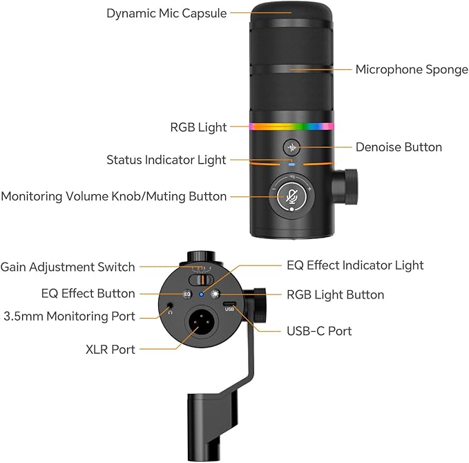 COMICA EJoy D10 A USB/XLR Dynamic Microphone with RGB Light &CalMix Denoise &Mute Button- Studio-Quality Cardioid Mic with Boom Arm Stand for Gaming, Streaming, Podcast,YouTube(PC/PS5/Xbox/Mac-Black