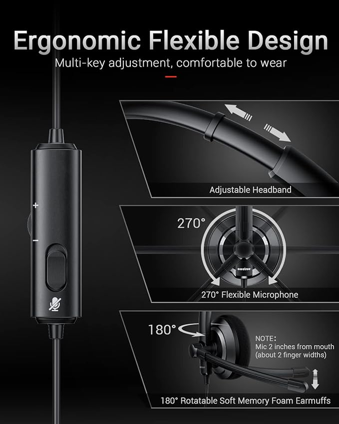 Wired Headset with Microphone for PC Laptop - 3.5mm Jack On Ear Headphones with Noise Cancelling Microphone for Boom Skype Webinars, in-line Control,Comfortable