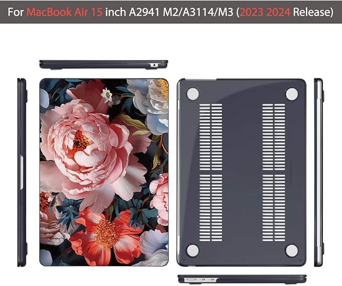 Teryeefi Compatible with MacBook Air 15 inch Case Release 2023 2024, Fits Model A3114/A2941,Design Pattern Slim Cover + Keyboard Cover + OTG Adapter for 15.3 inch MacBook Air M2 M3, Colorful Peonies