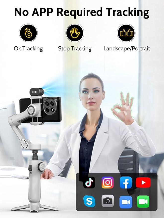 Gimbal Stabilizer for Video Recording, Smartphone 3-Axis Smartphone Gimbal with AI Tracking Sensor for Vlogging,7.8' Extension Rod,Trigger Button,YouTube Tiktolk(Smart V8 AI White)
