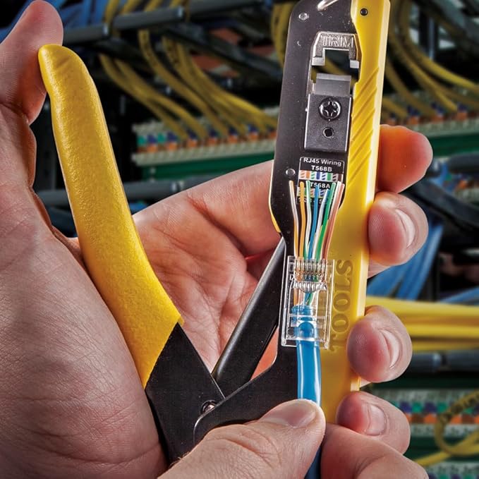 Klein Tools VDV026-813 RJ45 Ethernet Cable Tester and Crimper Kit, Pass-Thru Technology, Includes Connectors for Cat5e / CAT6 Data Applications, Pack of 50