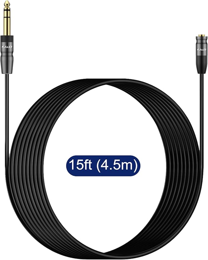 J&D 1/4 inch to 3.5mm Headphone Adapter, Heavy Duty Copper Shell Connecter Joint 3.5mm 1/8 inch Female TRS to 6.35mm Male TRS Stereo Audio Extension Cable (15 Feet)