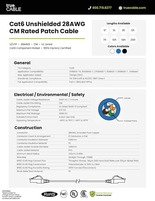 TRUECABLE Cat6 Component Rated Patch Cable, Unshielded (U/UTP), 7ft, White, 28AWG Solid Copper, Snagless 10G High-Speed Ethernet Cable, PoE++ 4PPoE 100W, UL Listed, RoHS-3, 1 Pack