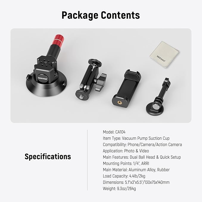 NEEWER 3" Suction Cup Mount with Phone Holder Action Camera Adapter Compatible with iPhone GoPro DJI Insta360, Ball Head Magic Arm Cleaning Cloth Quick Release Car Mount for POV Video Recording, CA104