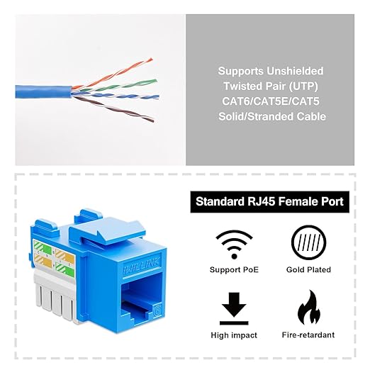 iwillink 10Gbps Cat6 Keystone Jack and Punch-Down Stand, 50-Pack, RJ45 Ethernet Keystone Jacks, 90-Degree UTP Modular Punch Down Keystone Jack Adapter, Blue