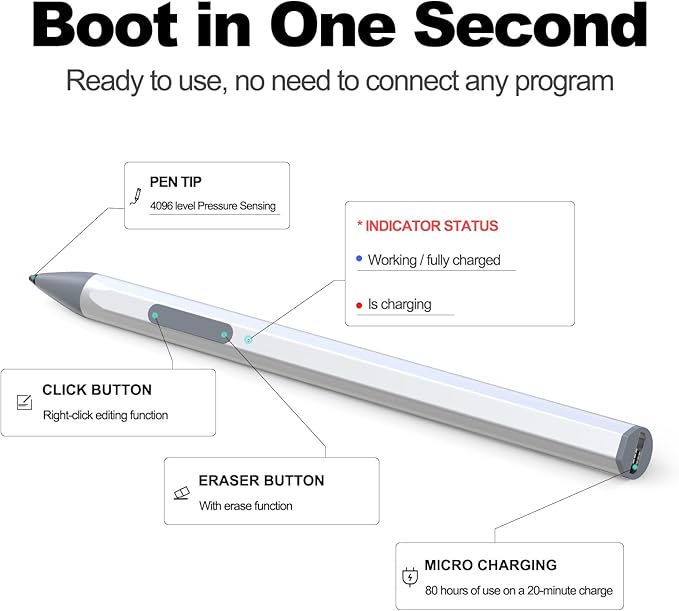 ASUS Stylus Pen for Transformer/Vivobook Flip/Notebook Touchscreen Laptop/Tablet - Rechargeable, 4096 Pressure Sensitivity, MPP 2.0 Tilt Pencil, Silver