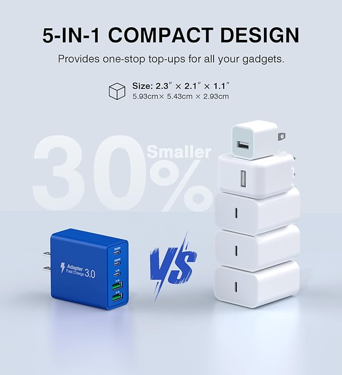 50W USB C Fast Charger Cube,2 Pack PD+QC Charging Block Power Adapter 5 Port Wall Mount Plug for iPhone 16 15 14 13 12, Motorola, LG, Google Pixel 6a/6 Pro/6/5a/5/4/4A Box Brick (Dark Blue)