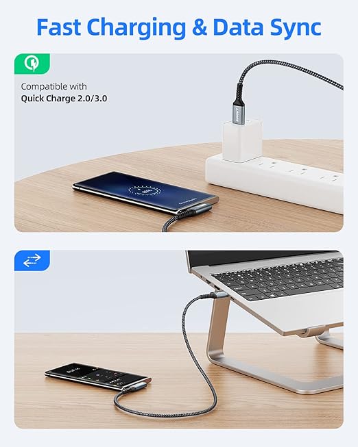 USB C 3.1 Gen 2 Cable, 0.5m USB A to C Nylon Braided 3A Fast Charge & Data Transfer 10Gbps Auto Type C Android Cable Compatible with Galaxy S21 S20 Note 20