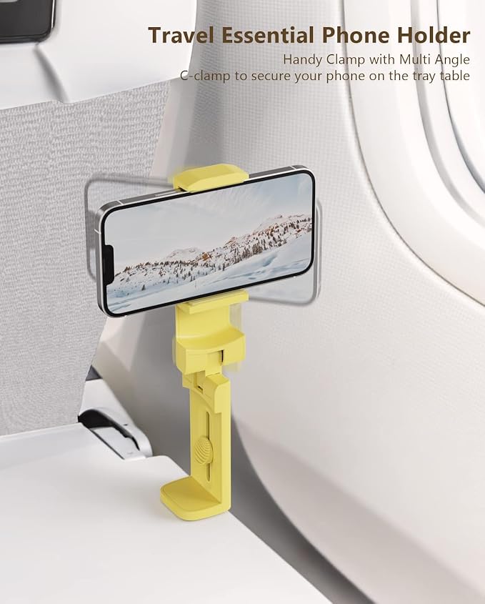 MiiKARE Airplane Travel Essentials Phone Holder, Universal Handsfree Phone Mount for Flying with 360 Degree Rotation, Accessory for Airplane, Travel Must Haves Phone Stand for Desk, Yellow