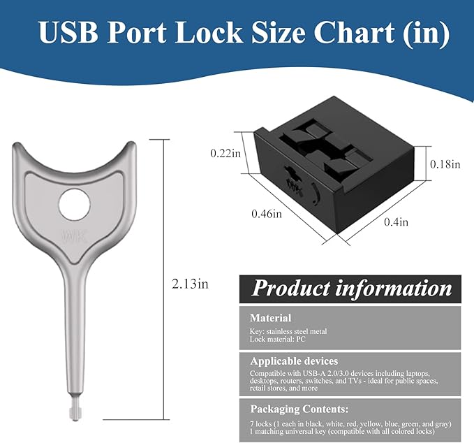 7 PCS USB Port Blockers with 1 Locks for PC, Laptop Removable Type-A Data Protection,Dust & Moisture Resistant Shield（Mixed Colors Packs Svailable for Port Sorting）