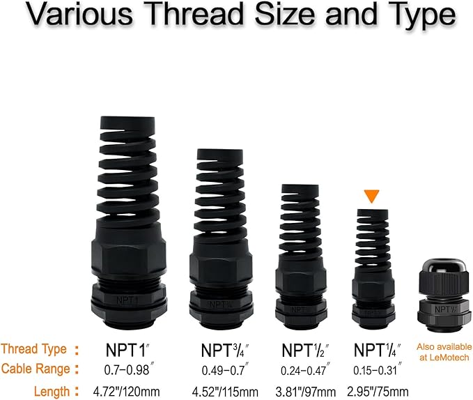 LeMotech 10Pcs NPT 1/4" IP68 Waterproof Cable Gland Flex Spiral Strain Relief Black Nylon Joint with Gaskets for 4-8mm Wire Thread