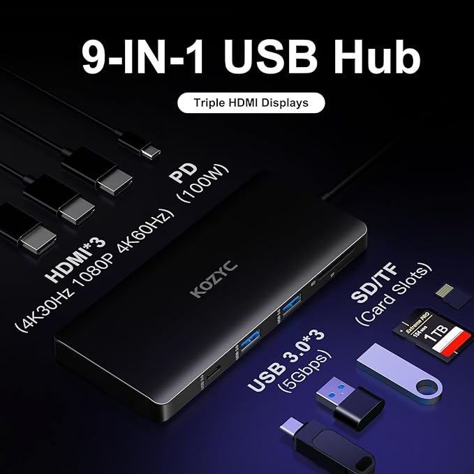 USB C Docking Station 3 Monitors Compatible with Mac/Windows, KOZYC Triple Display Docking Station with 3xHDMI(4k60Hz/30Hz+1080p), 3xUSB 3.0, SD/TF, 100W PD with HDMI Splitter Extend Display 3 Monitor
