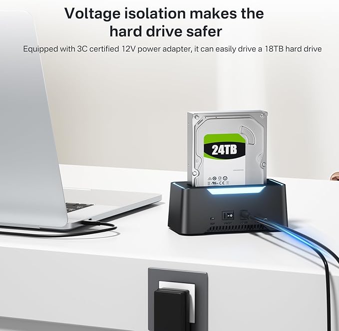 USB-C Hard Drive Docking Station, 2.5"/3.5" Inch SATA Enclosure with Cable, Speed up to 5Gbps, Tool-Free USB 3.0 to SATA External Hard Drive Dock with 12V/2A Power. Support up to 24TB