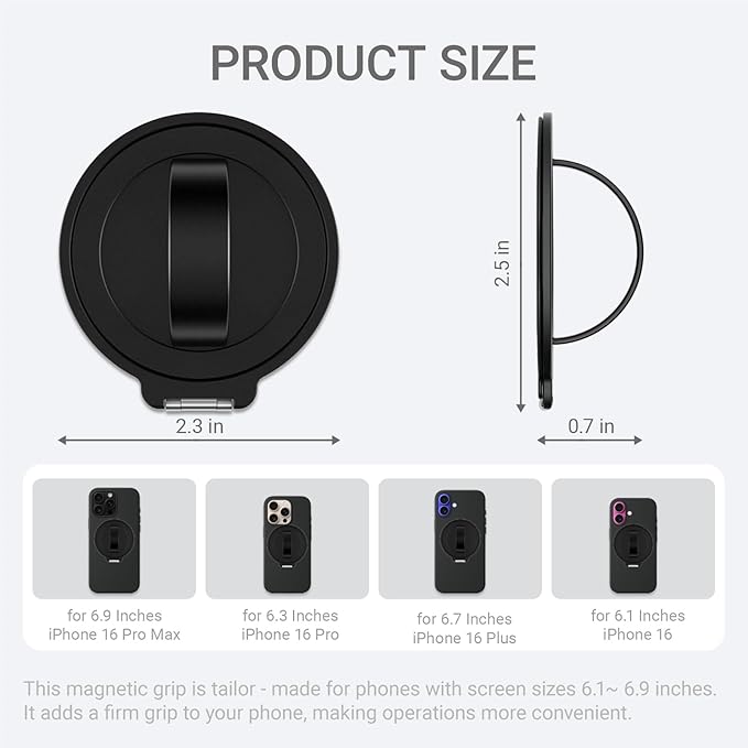 Grat 3 Upgraded Magnetic Phone Grip Stand, 360° Rotatable Silicone Strap Phone Loop Holder, Detachable Ring Kickstand Compatible with Magsafe iPhone 16 15 14 13 12 Pro/max, Black