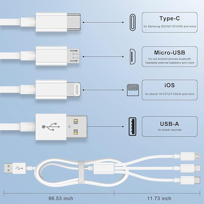 Multi Charger Cable 6Ft 2Pack, 3 in 1 Charging Cord, Universal Phone Charger, Multiple Charger Wire USB-A to Lightning/USB-Type C/Micro USB Connectors for Cellphone, Tablets and More (Charging Only)