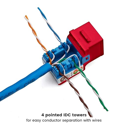 trueCABLE Cat5e Keystone Jack, Unshielded (UTP), 90 Degree Punch-Down, PoE++ (4PPoE) 100W, UL Listed, ETL Verified, ANSI/TIA Certified, Modular RJ45 Female, Red, 48 Pack