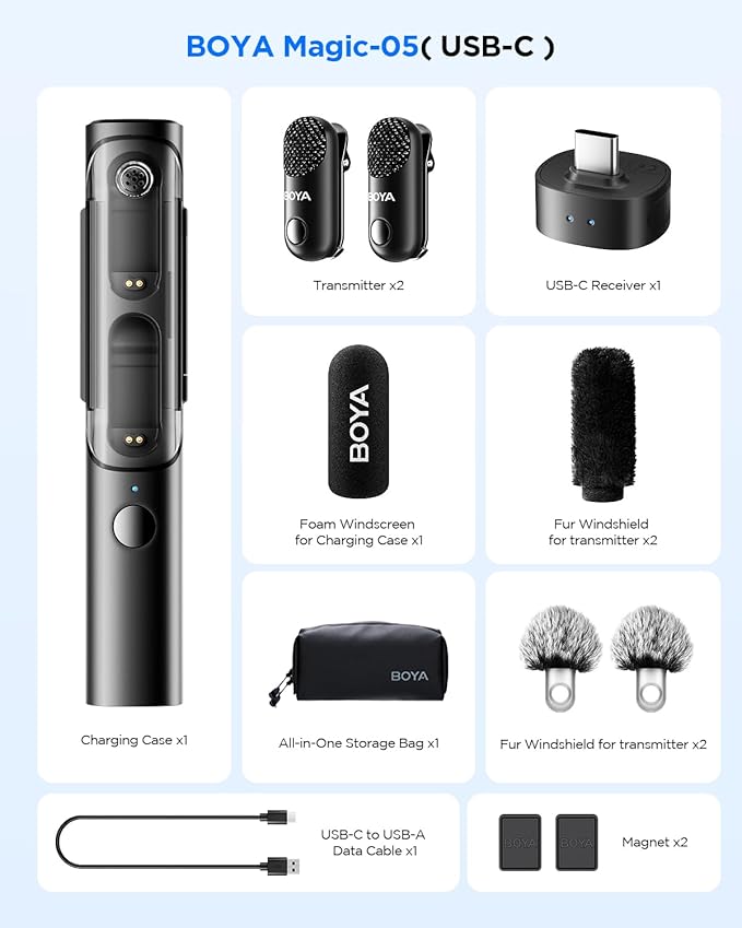 BOYA Magic-05 Wireless Lavalier Microphone, 30Hrs Battery,328FT Los Range, Safety Track &Limiter, Ai Noise Reduction USB-C Wireless Lapel Mini Mic for Android iPhone 16/15 Audio Video Live Broadcast