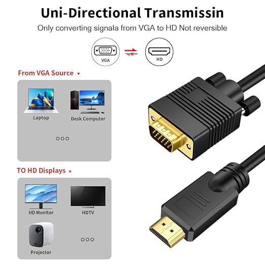 VGA (Sources) to HDMI(Display) Cable 15ft with Audio, VGA to HDMI Adapter Cable Compatible Well Witch Computer/Projector/Laptop to Monitor/TV.