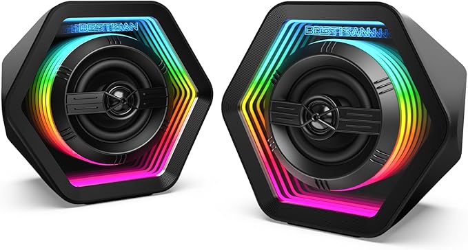 BESTISAN Computer Gaming Speakers with 8 RGB Modes, Compact Design, DC Powered Desktop Speaker with 3 EQ Modes, 50W Active Speakers with Bluetooth 5.3, AUX in, Headphone, Type-C Port for PC/Laptop/TV