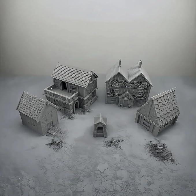 Paintable Tabletop Miniature Little Town Building Terrains Compatible with RPG War Games - 18mm Scale Dioramas Building Set Scenery with Medieval Architecture Style by HAUTICO (HVillageHouses4-1)