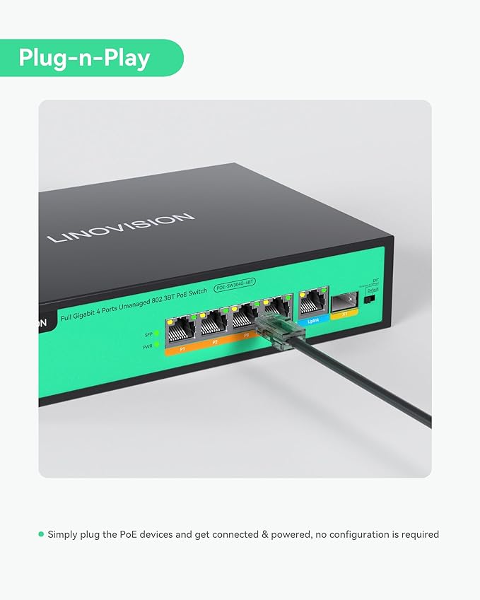 LINOVISION 4 Ports Full Gigabit PoE++ Switch, Built-in 96W Power, All 4 Ports Support BT 90W, Sufficient Power for All IEEE 802.3 af/at/bt PoE Devices, Including PTZ Cameras, AP and PoE Light