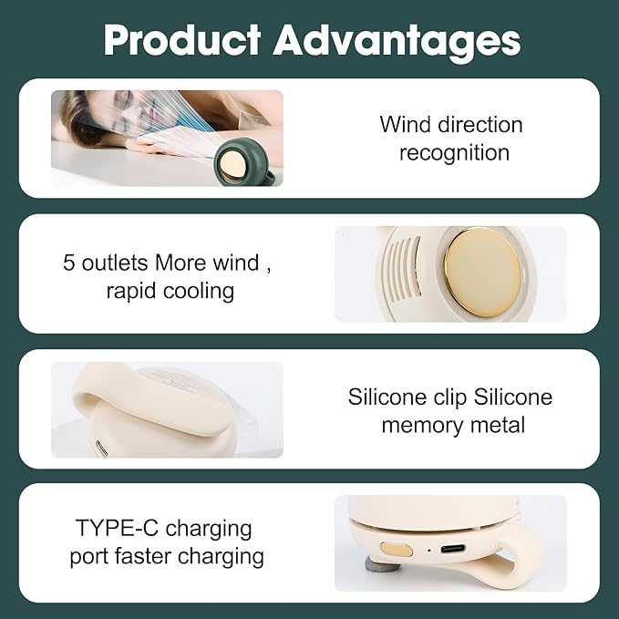 Small Clip Fan, Personal Waist Fans,Portable Silent Mini Bladeless Fan Clip On for Shirt,Hands-Free Personal Clip Fans 3 Speeds,Clips on Waist Neck Fanes for Outdoor,Camping,Travel,Office (Green)