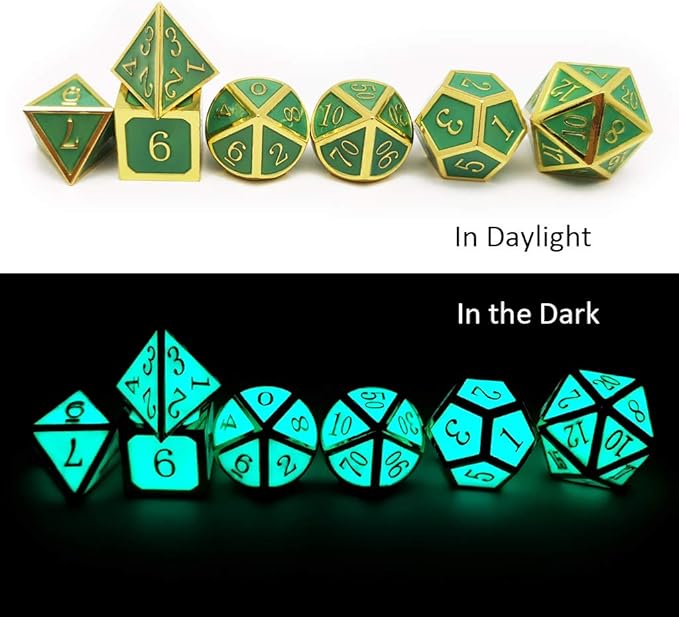 Haxtec Glow in The Dark Glowing Blue Metal Dice Set D&D W/Dragon Dice Bag 7PCS DND Dice Set Compatible with Dungeons and Dragons RPG Games-Gold Glowing Blue-V2