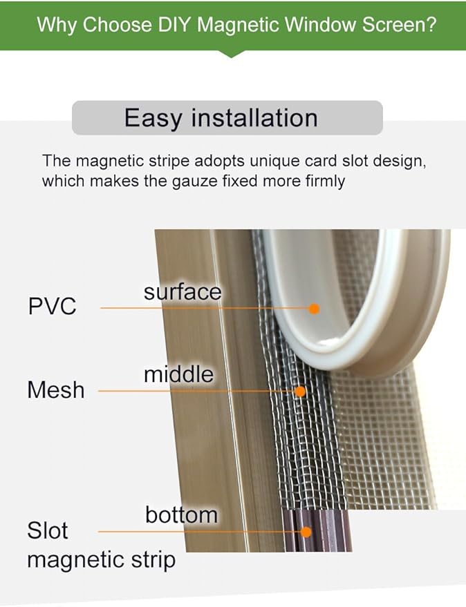 VKX Adjustable DIY Magnetic Window Screen, Fiberglass Mesh, Strong(720GS) Magnetic Strips, White Frames Grey Mesh, Suitable for Various Types of Screen Windows (59"x39")