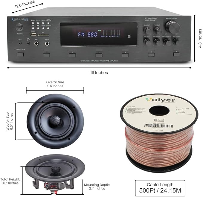 Vaiyer Home Audio System Kit, 6-Channel 6000 Watts Bluetooth Amplifier with 6.5" 10 Qty of 200 W Each Frameless in-Ceiling Speakers & 16 AWG 500 ft Speaker Wire - Perfect for Home, Office, Restaurant