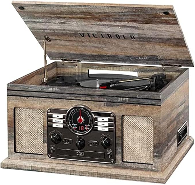 Victrola The Quincy 6-in-1 Bluetooth Record Player & Multimedia Center with Built-in Speakers – 3-Speed Turntable, CD & Cassette Player, AM/FM Radio, Wireless Music Streaming (Farmhouse Shiplap Grey)
