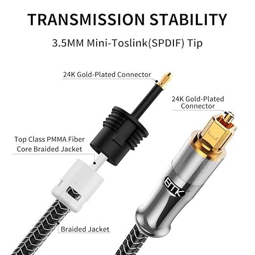 EMK 24K Gold-Plated Toslink to Mini Toslink Cable (3ft/1M) - Digital Optical Audio Cable with 3.5mm Mini Plug for Soundbar, Home Theater, TV - Silver SPDIF Fiber Optic Cable