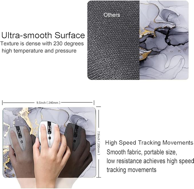 Mouse Pad, Cute Personalized Mouse Pads with Marble Design, Square Washable Cloth Mouse Mat, Gaming Office Home Non-Slip Rubber Base Computer Mousepad, Black Grey Gold Marble