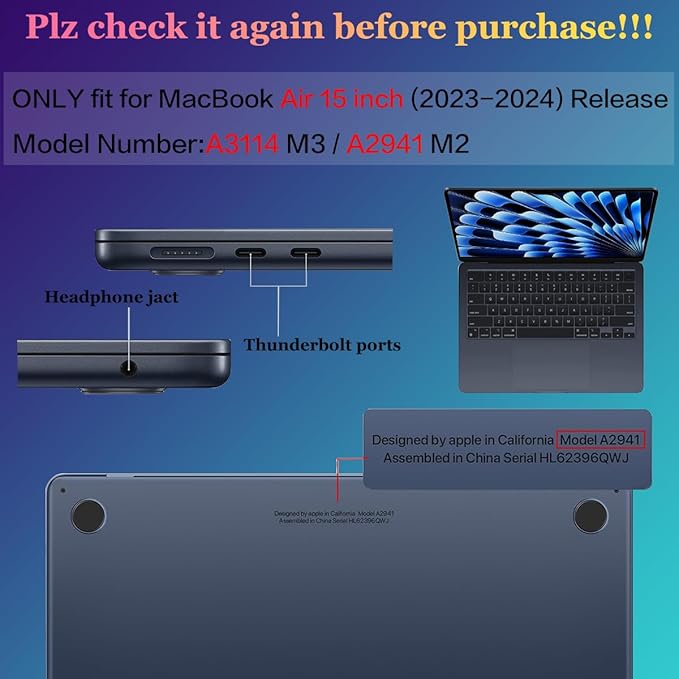 Teryeefi Designed Case for MacBook Air 15 Inch M4 A3241/M3 A3114 /M2 A2941 2023 2024 2025 Released, Printed Plastic Hard Shell Cover with Keyboard Skin & Type C Adapter, Bows-A