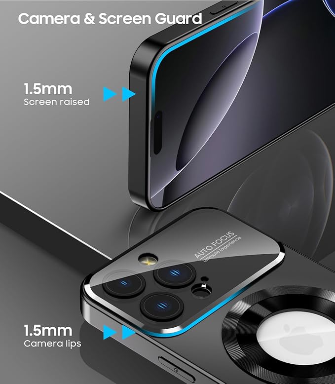 Magnetic for iPhone 16 Pro Case, Compatible with MagSafe, Built-in Camera Lens Protector, Logo View, Military Grade Drop Proof Phone Cover, Black