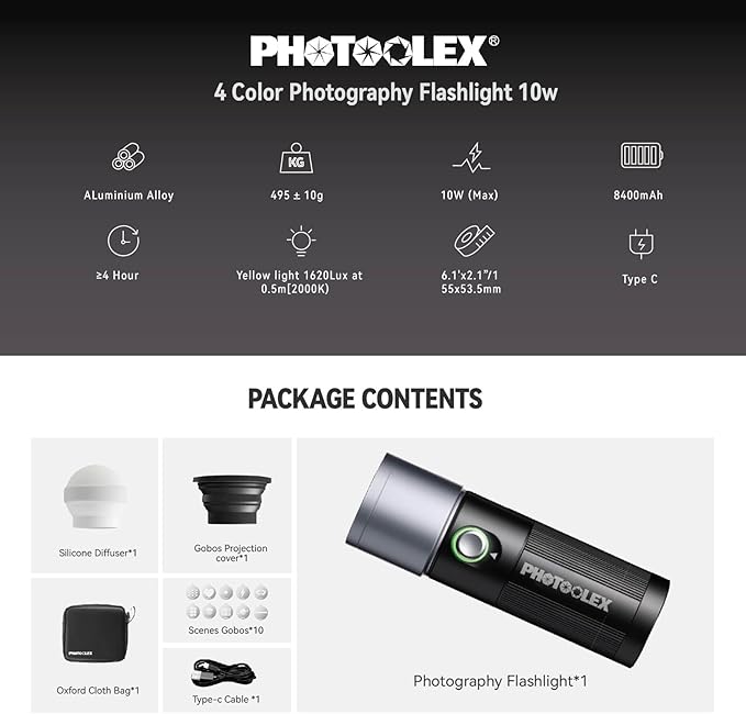 PHOTOOLEX 8400mAh Led Photography Flashlight with 4 Colors/10 Magnetic Pattern Gobos, Handheld Spotlight for Photography, 10W Rechargeable Fill Light for Photo, Content Creation, Video Recording