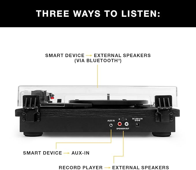 Victrola Montauk Vinyl Record Player, 3-Speed Belt Driven Turntable with Stereo Bluetooth Speaker Pair, RCA Output & 3.5mm Headphone Jack, Removable Dust Cover, Black Wood Finish