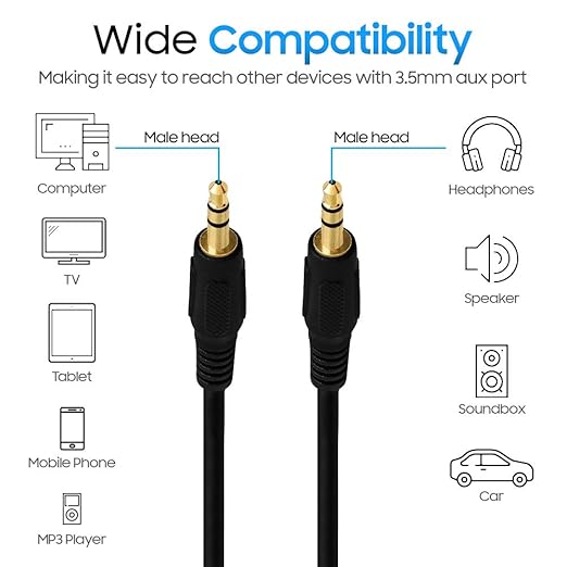 Cmple - 3.5mm Aux Audio Cable Stereo 25 ft Male to Male Speaker Cable Auxiliary Cord Adapter for Car, Phone, Headphones - Black