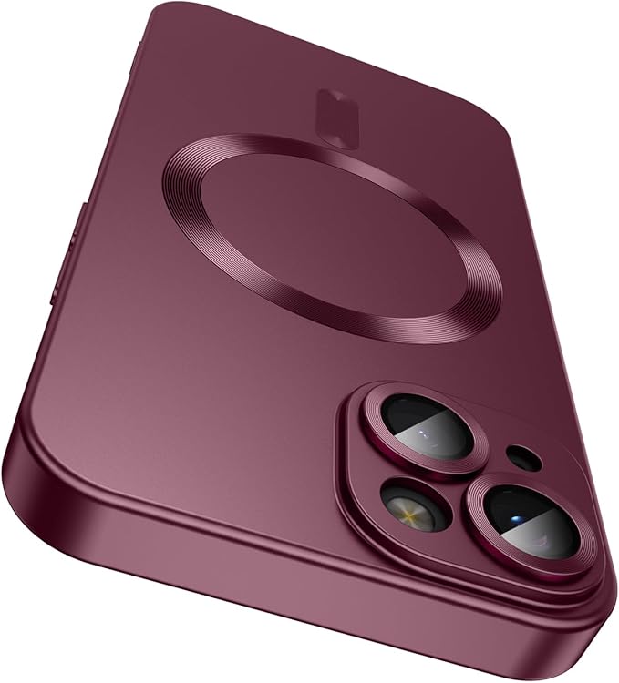 Magnetic for iPhone 14 Case [Compatible with MagSafe][Built-in Camera Lens Protector] Slim Soft Silicone Bumper Shockproof Metallic Luster Phone Case (Burgundy)
