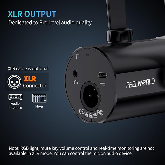 FEELWORLD PM1 XLR USB Dynamic Microphone Gifts for Podcast Recording PC Computer Gaming Live Streaming Vocal Voice-Over, Studio Metal Mic with Voice-Isolating, RGB Light, Mute Button, Headphones Jack