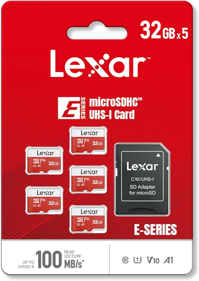 Lexar E-Series 32GB Micro SD Card 5 Pack, microSDHC UHS-I Flash Memory Card with Adapter, 100MB/s, C10, U1, A1, V10, Full HD, High Speed TF Card