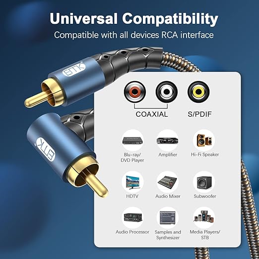 EMK RCA Subwoofer Cable 90 Degree RCA to RCA Audio Cable 24K Gold-Plated Nylon Braided Double Shielded Digital Analogue Supports Amplifiers,Home Theater,Hi-Fi Systems,Subwoofer(30ft/10m)