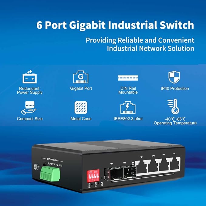 4-Port Hardened Industrial Gigabit 2+ Managed DIN-Rail Switch, 4x10/100/1000 Base-TX +2x1000Base-FX SFP 6X, Network Ethernet Gigabit Not with PoE+ Switch