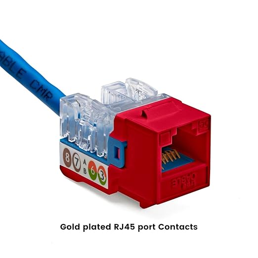 trueCABLE Cat5e Keystone Jack, Unshielded (UTP), 90 Degree Punch-Down, PoE++ (4PPoE) 100W, UL Listed, ETL Verified, ANSI/TIA Certified, Modular RJ45 Female, Red, 48 Pack
