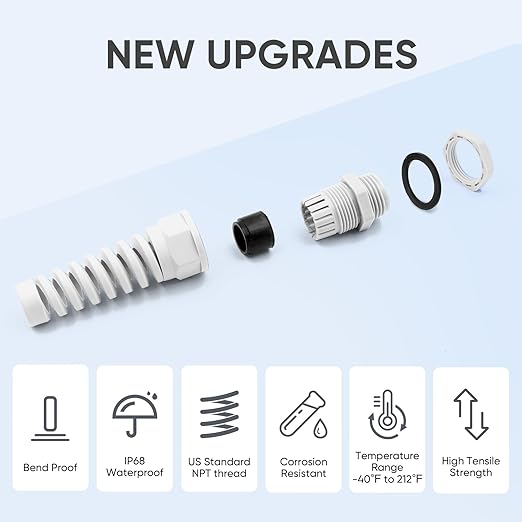 Strain Relief Cord Connector,LISTENJIALE 5Pcs NPT 1/2" Waterproof Cable Gland Flex Spiral Strain Relief Adjustable 6-12mm Cable Connector Nylon Joint with Gaskets(Grey)