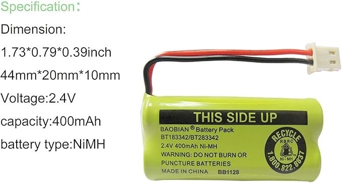 2.4V 400mAh Cordless Home Phone Battery Compatible with AT&T BT162342 BT-162342 BT166342 BT-166342 BT266342 BT-266342 BT183342 BT-183342 BT283342 BT-283342 VTech CS6329 CS6114 CS6419(4 Pack)