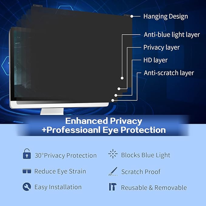 Computer Privacy Screen Filter 21.5 Inch, 9H Hardness Hanging Computer Screen Privacy Shield Compatible with 16:9 Widescreen Monitor, Eye Protection and Blue Light Blocks………