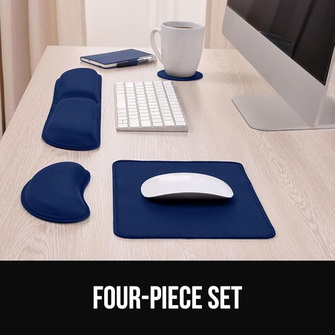 GORILLA GRIP Silky Gel Memory Foam Keyboard Wrist Rest and Mouse Pad for Computer, Ergonomic Design Typing Support, Desk Office Supplies, Hand & Arm Mousepad Cushion and Coaster 4 Piece Set Navy Blue