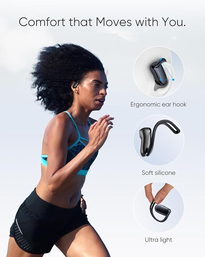 Open Ear Headphones, 0.28oz Lightweight Next-Gen Bluetooth 5.4 Air Conduction Wireless Earbuds w/Extra Bass, 48H Playtime, 3 EQ Modes, ENC Mic, IPX5, Snug Fit for Workout Running Black
