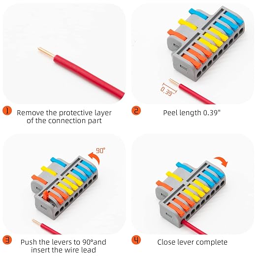 5Pcs Lever Wire Connectors, 3 in 9 Out Quick Wiring Cable Electrical Connector Compact Push-in Conductor Terminal Block for 24-12 AWG