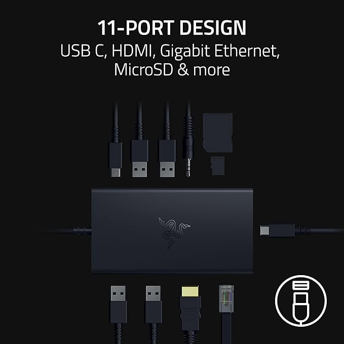 Razer USB C Dock 11-Port Travel Charging Station for Windows Mac Laptop iPad Surface Chromebook Galaxy Tab: Type C, HDMI, Ethernet, MicroSD - 4K 60 Hz Display - 85 W Tablets + Mobile Fast Charge